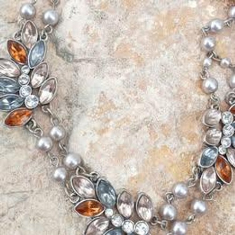 Necklace Grey Pearl Amber Blue Crystal Silver Tone 16-19in Statement - Picture 2 of 7